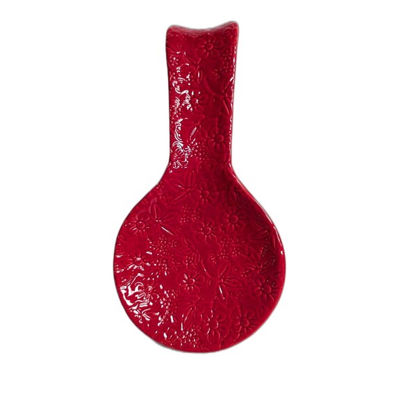Holiday Red Floral Kitchen Spoon Rest Utensil Holder Ceramic 9.5-In Gift NEW - Picture 2 of 6